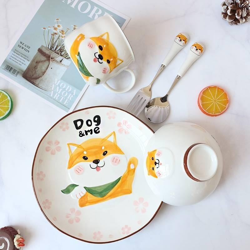 柴犬陶瓷餐具 手繪可愛柴犬圖案碗盤杯子醬油碟湯匙叉子-細節圖6