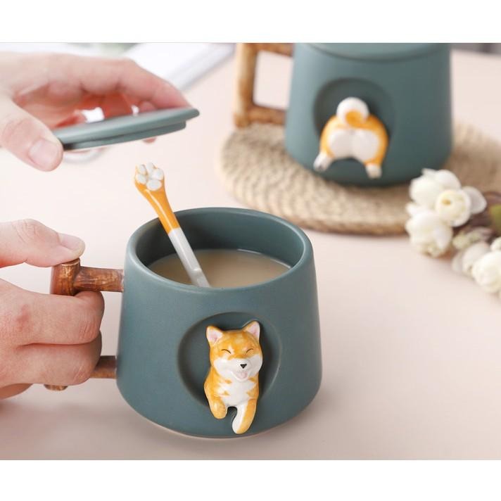 超可愛立體3D柴犬陶瓷咖啡杯 柴犬馬克杯 附勺子和杯蓋-細節圖4