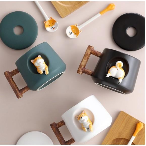 超可愛立體3D柴犬陶瓷咖啡杯 柴犬馬克杯 附勺子和杯蓋-細節圖7