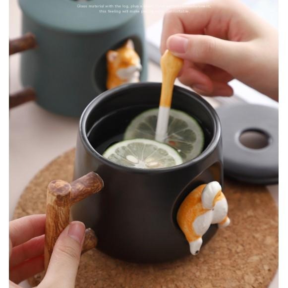 超可愛立體3D柴犬陶瓷咖啡杯 柴犬馬克杯 附勺子和杯蓋-細節圖8