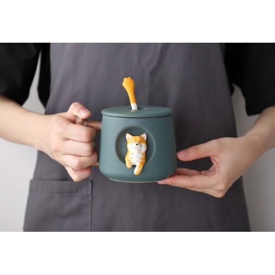 超可愛立體3D柴犬陶瓷咖啡杯 柴犬馬克杯 附勺子和杯蓋-細節圖9