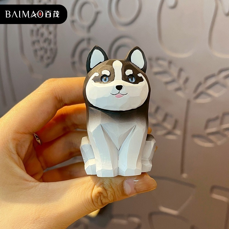 木雕風狗狗模型  可愛柴犬擺件 哈士奇 柯基擺飾 送禮物推薦-細節圖2