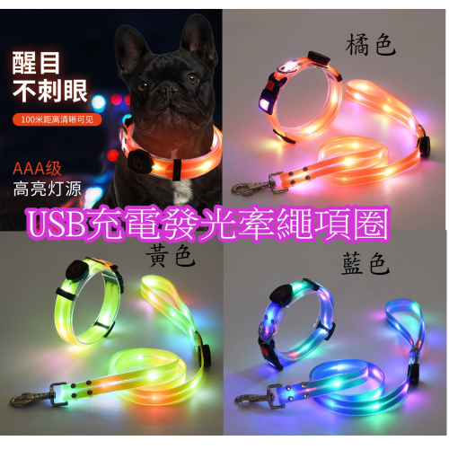 USB充電LED發光項圈 寵物發光牽繩 狗狗夜晚散步閃閃發亮增加安全