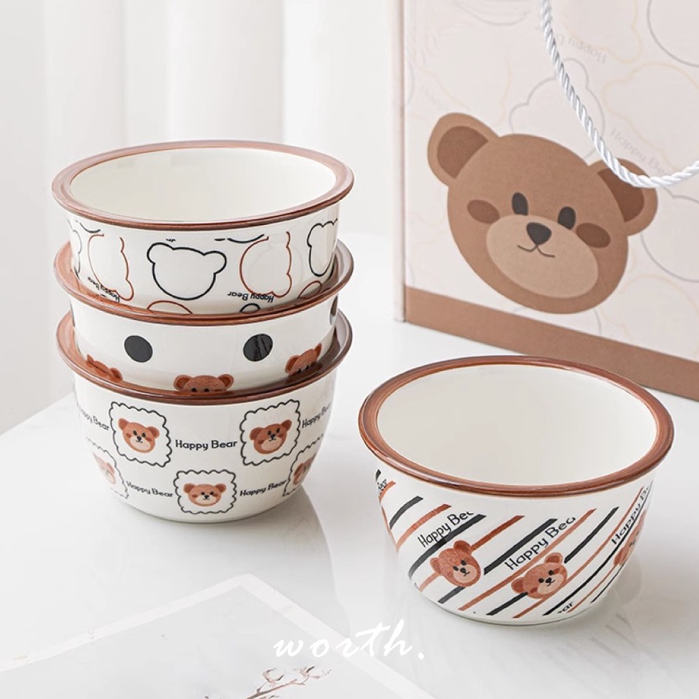 【渥思】韓系可愛小熊陶瓷碗 4入套組 餐具禮盒-細節圖2