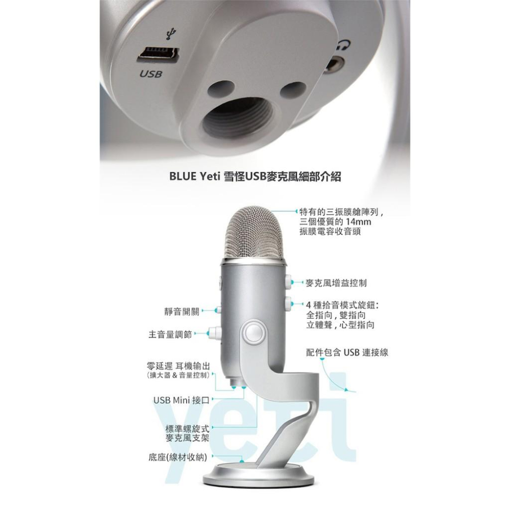 【台灣總代公司貨】保固2年 Blue Yeti USB 雪怪 專業電容式 電容麥克風 電容式麥克風 USB麥克風-細節圖9