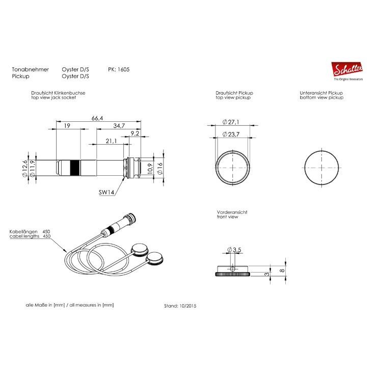 【公司貨免運】 德國 Schaller Oyster D/S 雙頭吸附式拾音器 吉他/提琴/烏克麗可用 16050102-細節圖3