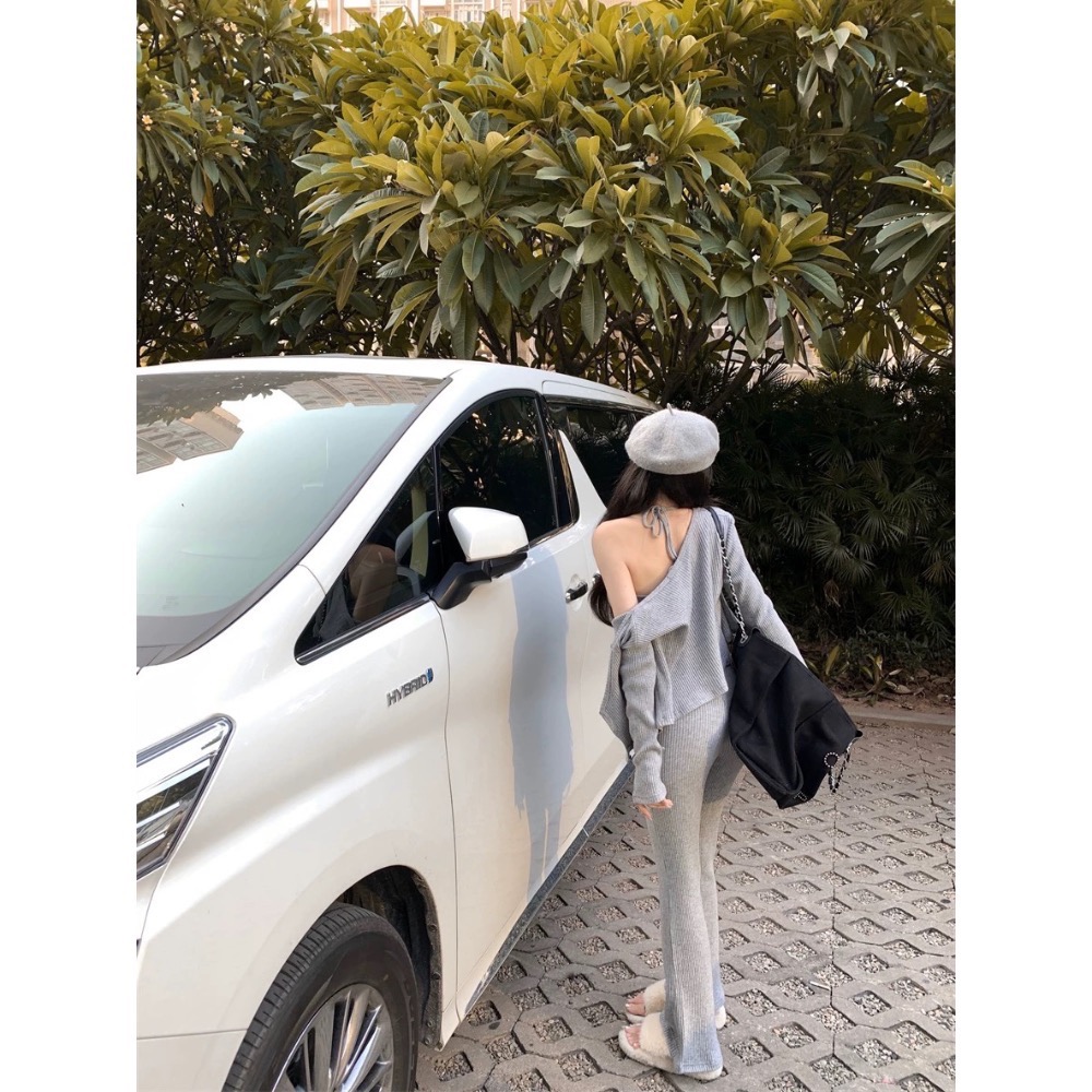 LOVEYAN➰ 灰色坑條針織套裝褲女秋季吊帶開衫兩件套休閒時尚闊腿長褲三件套-細節圖5