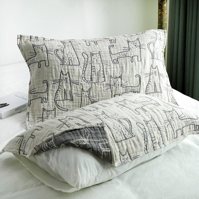 2024年夏季新款日系貓咪棉紗布枕巾6層褶皺加厚枕頭巾男女學生枕頭巾-細節圖3