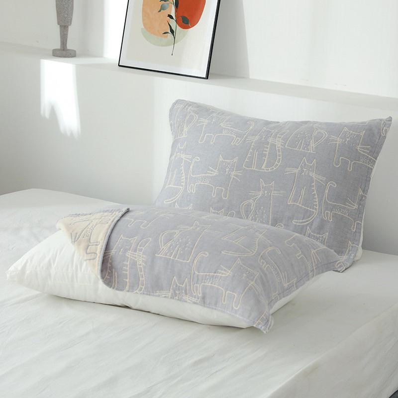 2024年夏季新款日系貓咪棉紗布枕巾6層褶皺加厚枕頭巾男女學生枕頭巾-細節圖5