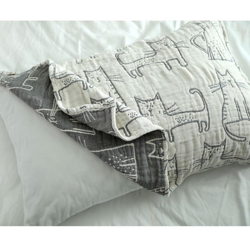 2024年夏季新款日系貓咪棉紗布枕巾6層褶皺加厚枕頭巾男女學生枕頭巾-細節圖6