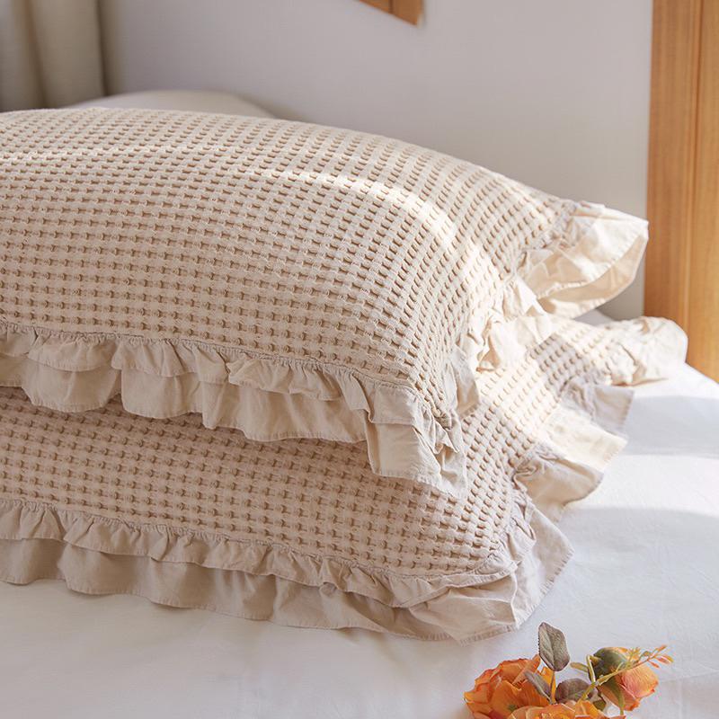 2024年夏季新款韓系華夫格純棉枕巾一條裝簡約防滑不脫落全棉荷葉邊蓋巾紗布枕巾-細節圖3