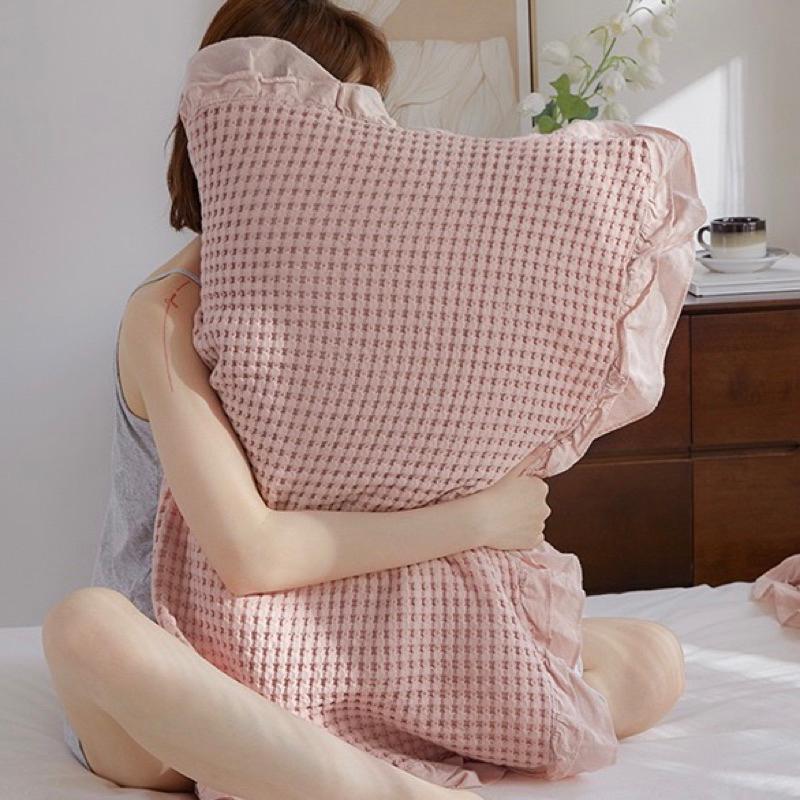 2024年夏季新款韓系華夫格純棉枕巾一條裝簡約防滑不脫落全棉荷葉邊蓋巾紗布枕巾-細節圖5