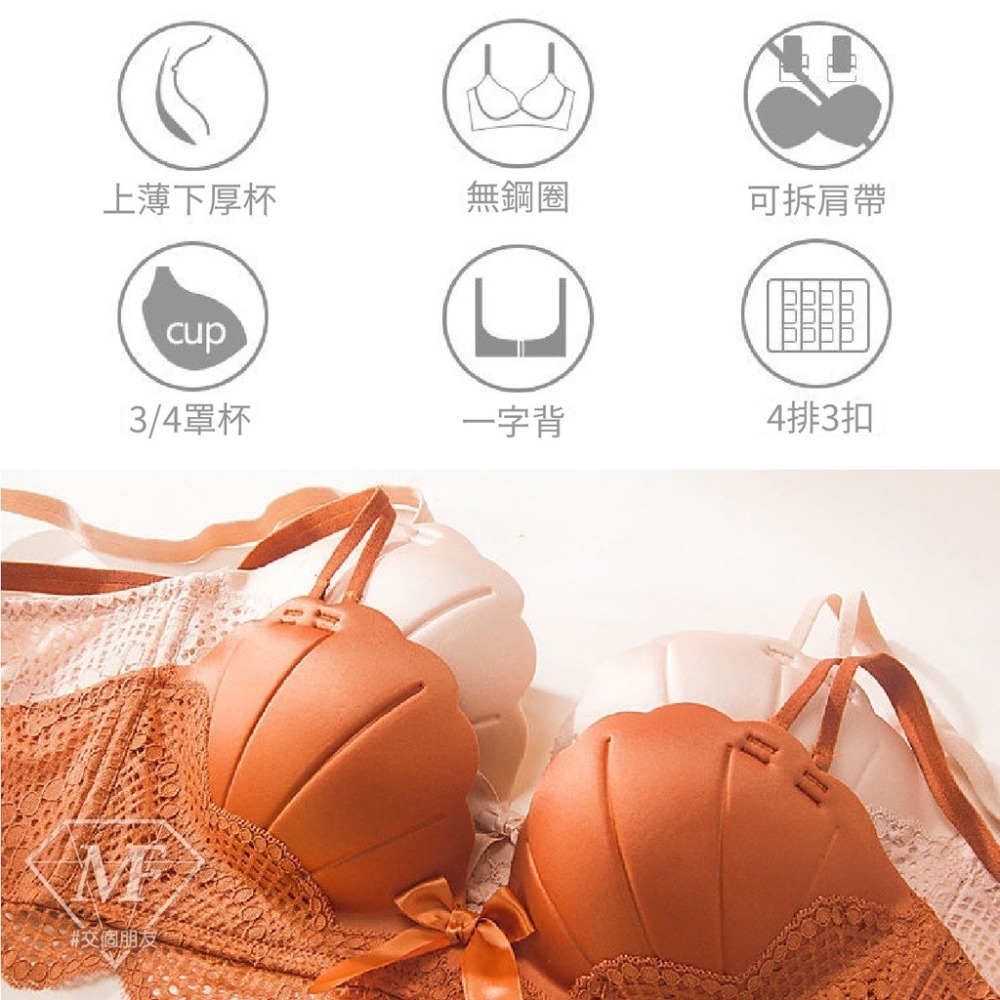 M.F 爆乳內衣 無鋼圈 手捧杯 集中 蕾絲貝殼內衣 性感內衣 手掌杯 顯胸 厚杯 內衣 台灣現貨 A0010-細節圖8