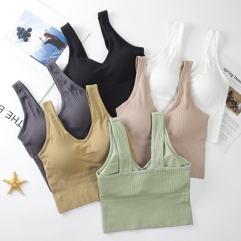 M.F 螺紋運動內衣 V領無鋼圈 運動防走光 美背背心 運動背心 有胸墊透氣 四季風 女生內衣 小可愛 A0005-細節圖2