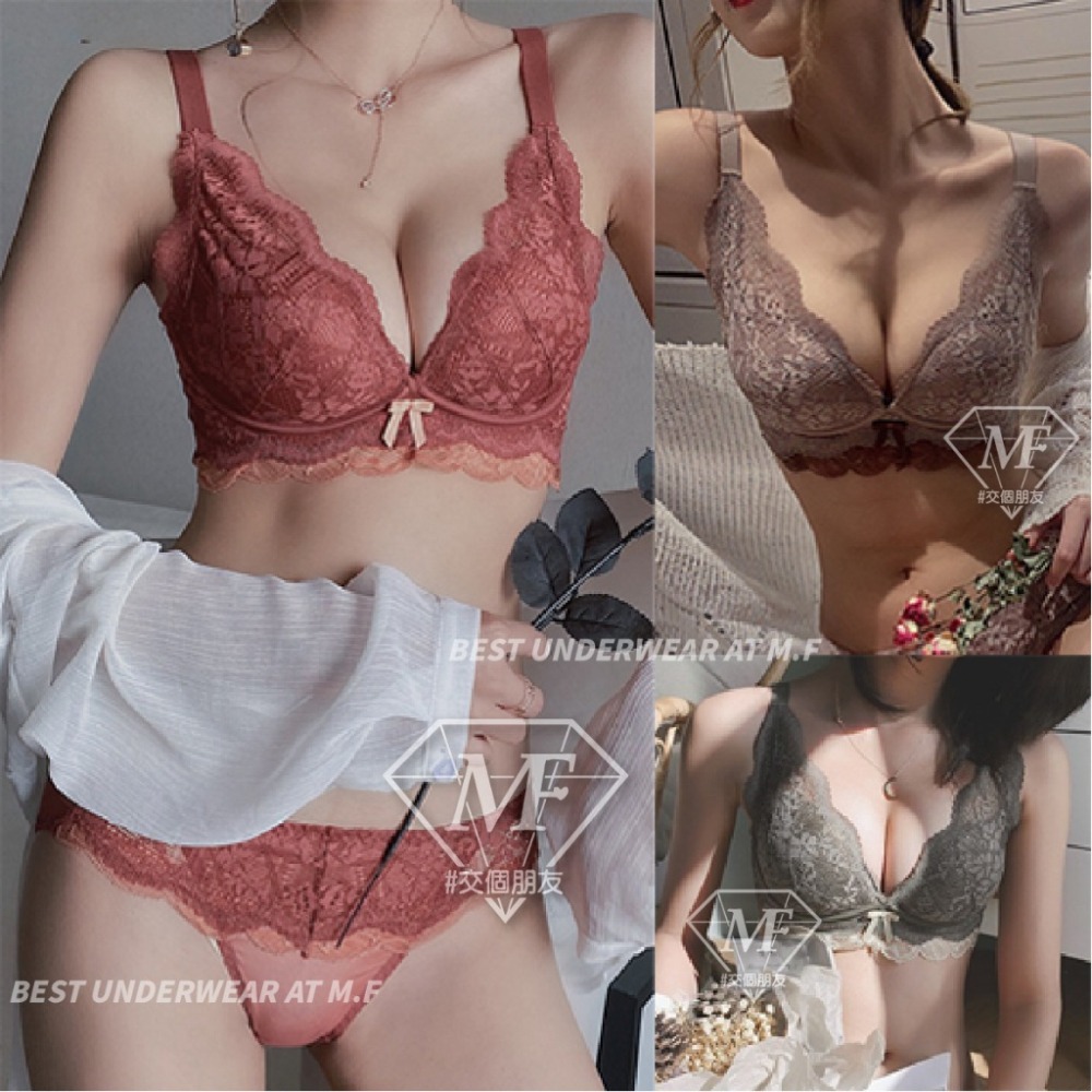M.F 現貨 專櫃等級 蕾絲 無鋼圈內衣 調整型內衣 加厚款 收副乳 深V 集中 小胸 內衣 性感內衣 A0040-細節圖7