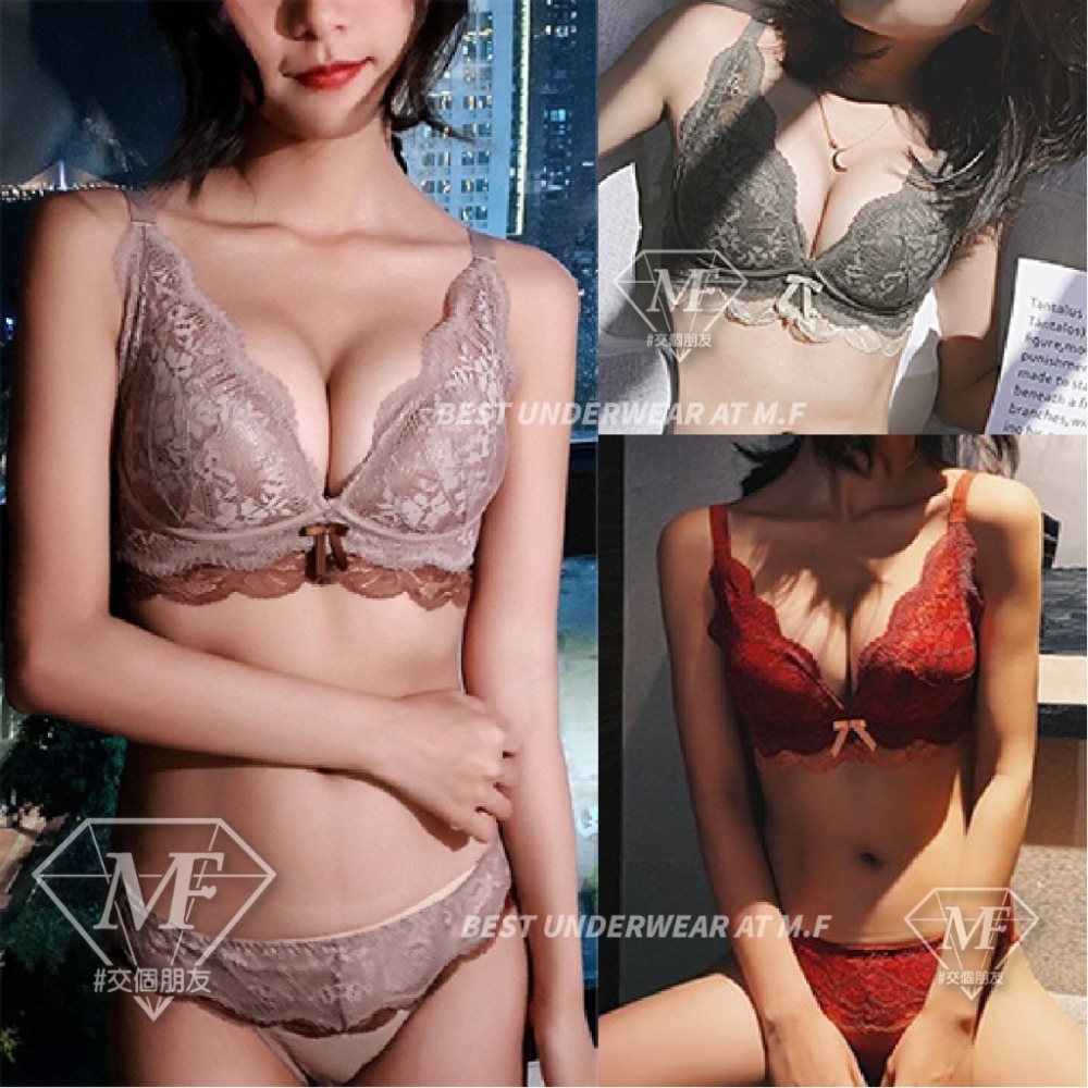M.F 現貨 專櫃等級 蕾絲 無鋼圈內衣 調整型內衣 加厚款 收副乳 深V 集中 小胸 內衣 性感內衣 A0040-細節圖8
