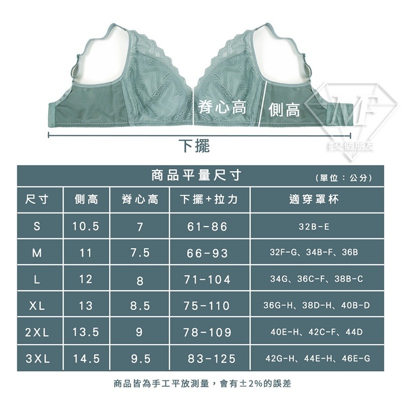 M.F 台灣製 台灣賣家 無鋼圈內衣 大罩杯 全尺碼 可到G罩杯 機能型內衣 蕾絲內衣 蕾絲花邊加高剪裁 1302-細節圖8