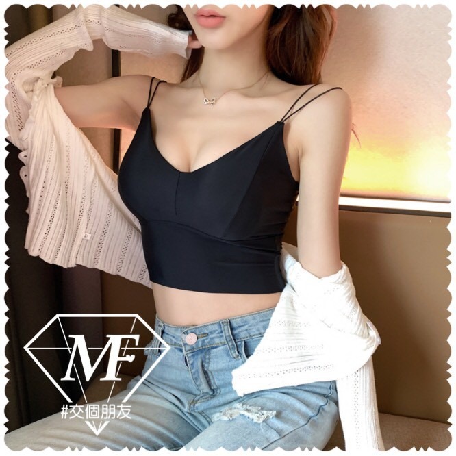 M.F 冰絲涼感 短版 長版 雙細肩帶 附胸墊 無鋼圈 背心 台灣現貨 小可愛 性感 內穿外穿 吊帶背心 A0014-細節圖7