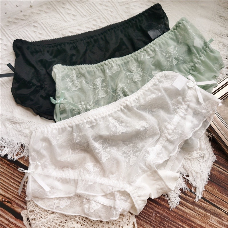 M.F 冰絲內褲 甜美 可愛 日系 小香風 荷葉邊 包臀 女生 內褲 台灣賣家 快速出貨 蝴蝶結 性感 親膚 B0061-細節圖2