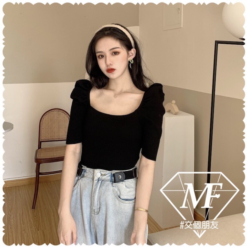 M.F 短袖針織衫 七分袖上衣 法式少女 泡泡短袖 方領冰絲 顯瘦 台灣賣家 修身 女生 針織衫 上衣 C0030-細節圖3