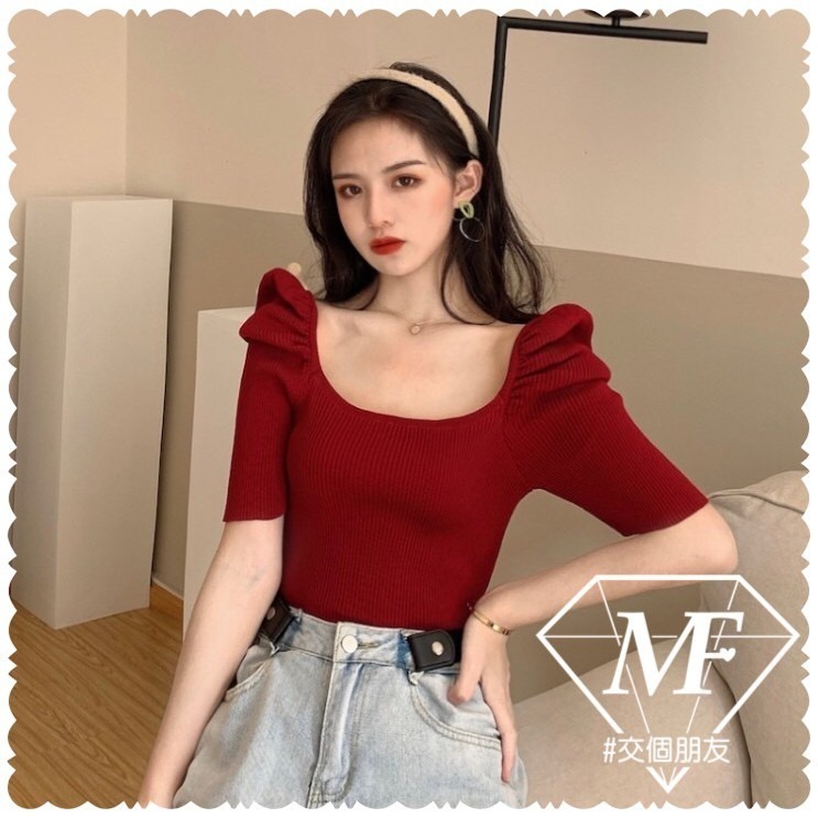 M.F 短袖針織衫 七分袖上衣 法式少女 泡泡短袖 方領冰絲 顯瘦 台灣賣家 修身 女生 針織衫 上衣 C0030-細節圖5