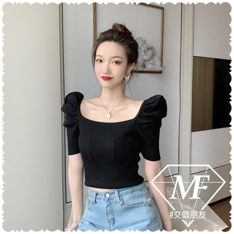 M.F 短袖針織衫 七分袖上衣 法式少女 泡泡短袖 方領冰絲 顯瘦 台灣賣家 修身 女生 針織衫 上衣 C0030-細節圖6