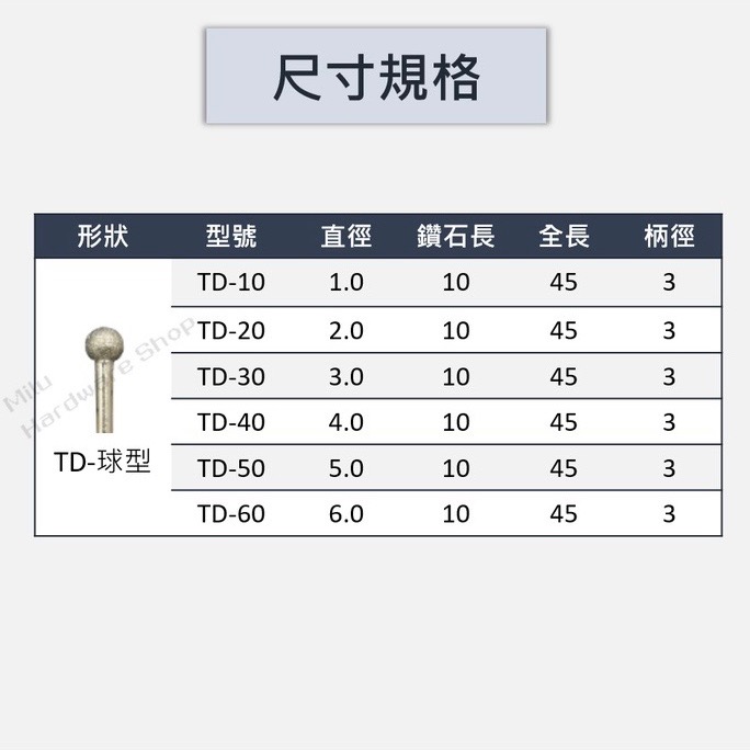 ※促銷中※【咪嚕五金】現貨 鑽石磨棒 D球型 3mm柄 Ø1.0mm~Ø6.0mm 台製-細節圖2