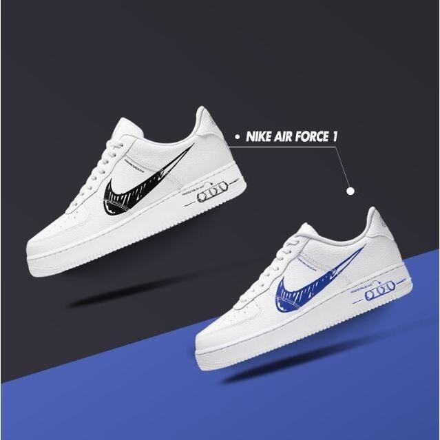 56號 限時特惠❥ Nike Air Force 1 白黑 白藍 手繪 塗鴉 彩繪 休閒鞋手繪圖稿 CW7581-101-細節圖5