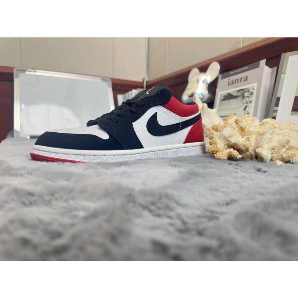 DUNK Air Jordan 1 low 黑白紅 麂皮 荔枝皮纹  休闲鞋 运动鞋-細節圖6