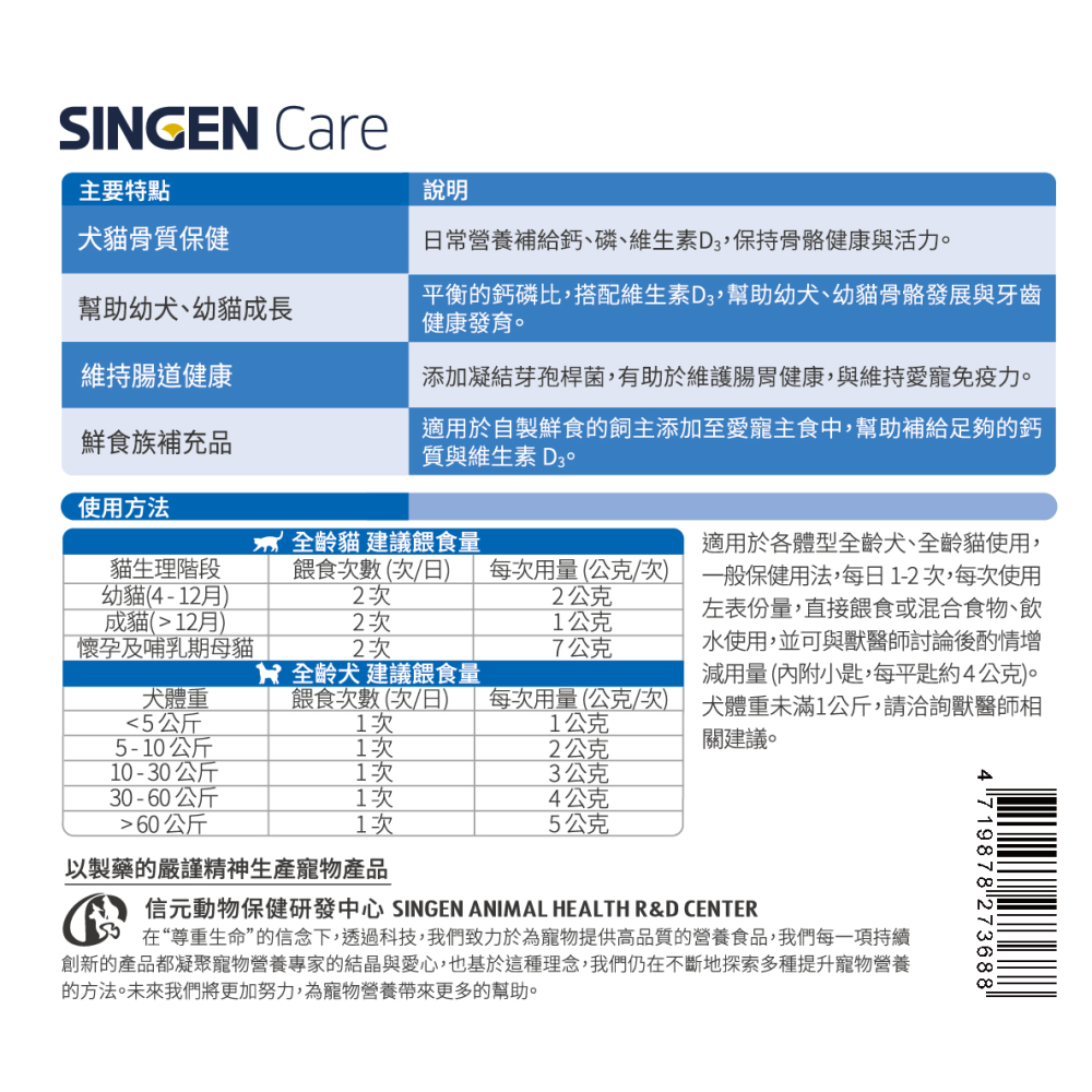 SINGEN信元發育寶 鈣胃能 CP37犬貓用鈣胃能250g 鈣磷粉 維生素D 鈣粉營養品 益生菌+補鈣 骨保健-細節圖2