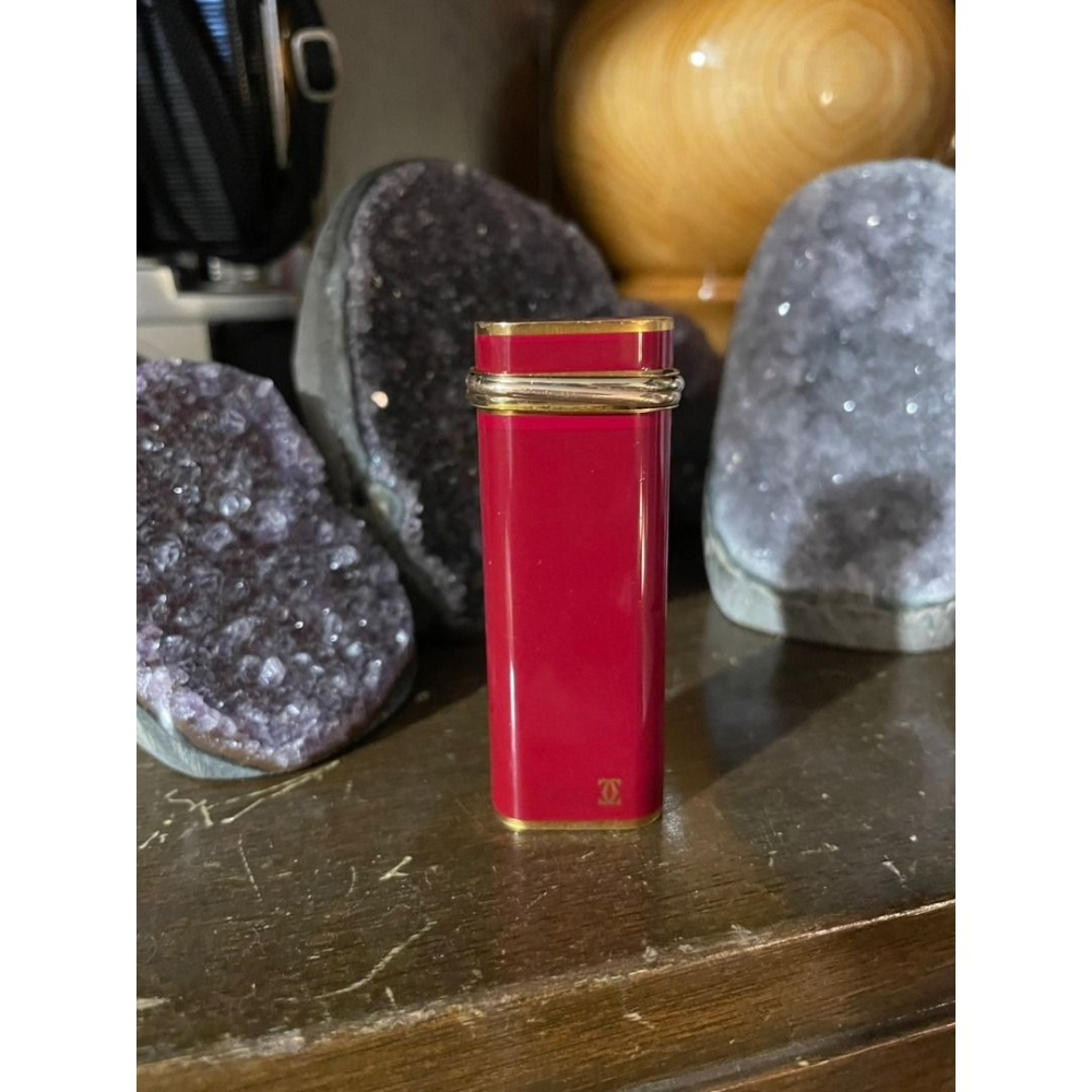 (法國名牌精品）CARTIER 卡蒂亞 黃銅 酒紅色 三環 K金 瓦斯打火機 （灌瓦斯非煤油）-細節圖2