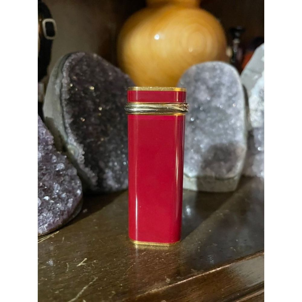 (法國名牌精品）CARTIER 卡蒂亞 黃銅 酒紅色 三環 K金 瓦斯打火機 （灌瓦斯非煤油）-細節圖6