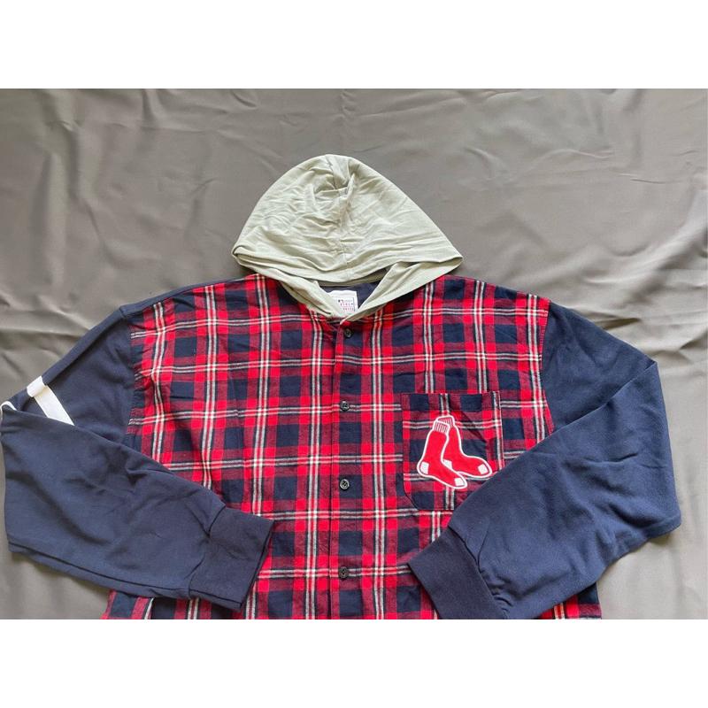 【L1】全新官方出品波士頓紅襪Boston Red Sox連帽格子襯衫SZ M-細節圖2