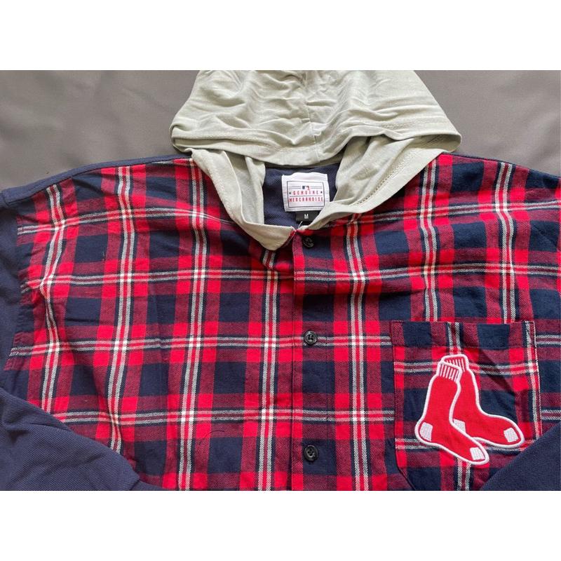 【L1】全新官方出品波士頓紅襪Boston Red Sox連帽格子襯衫SZ M-細節圖4