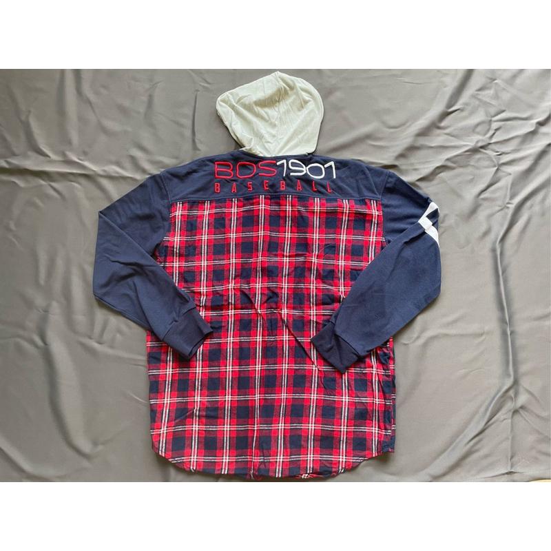 【L1】全新官方出品波士頓紅襪Boston Red Sox連帽格子襯衫SZ M-細節圖5