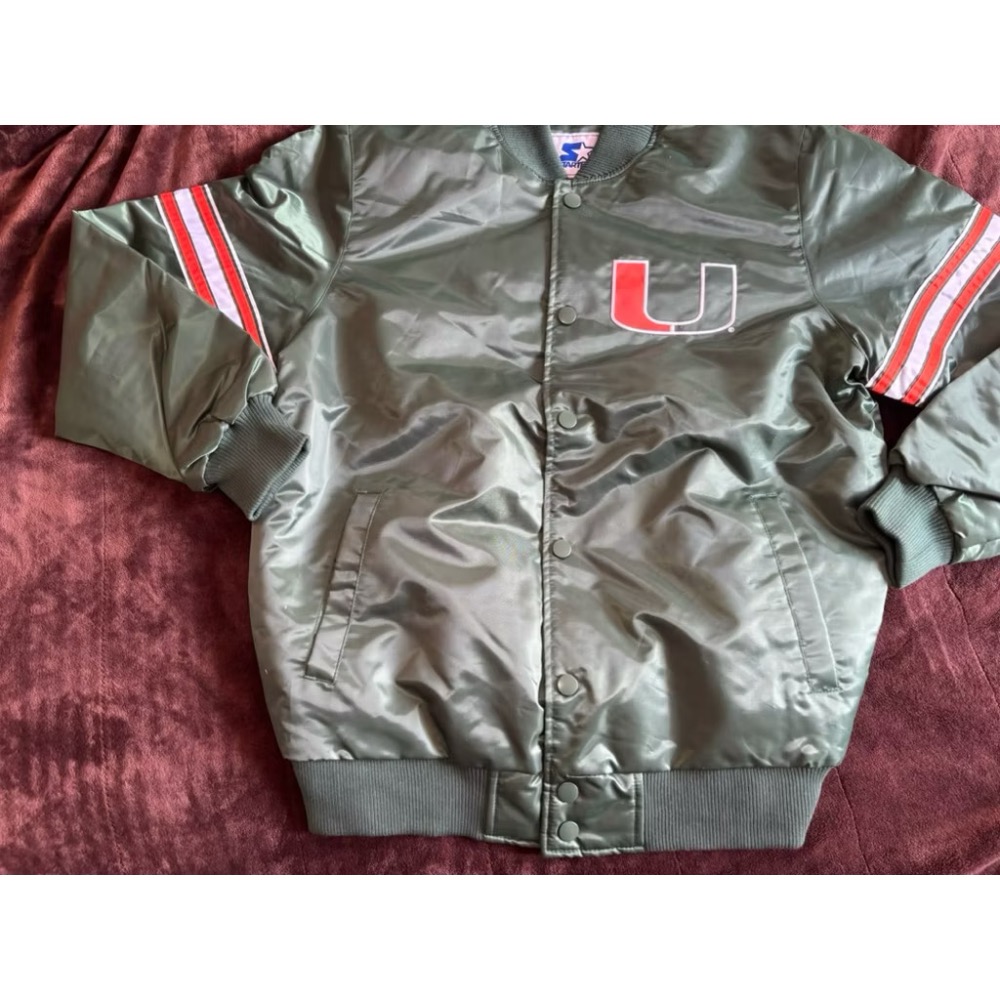 全新Starter NCAA MIAMI HURRICANE Satin棒球外套 SZ L-細節圖2