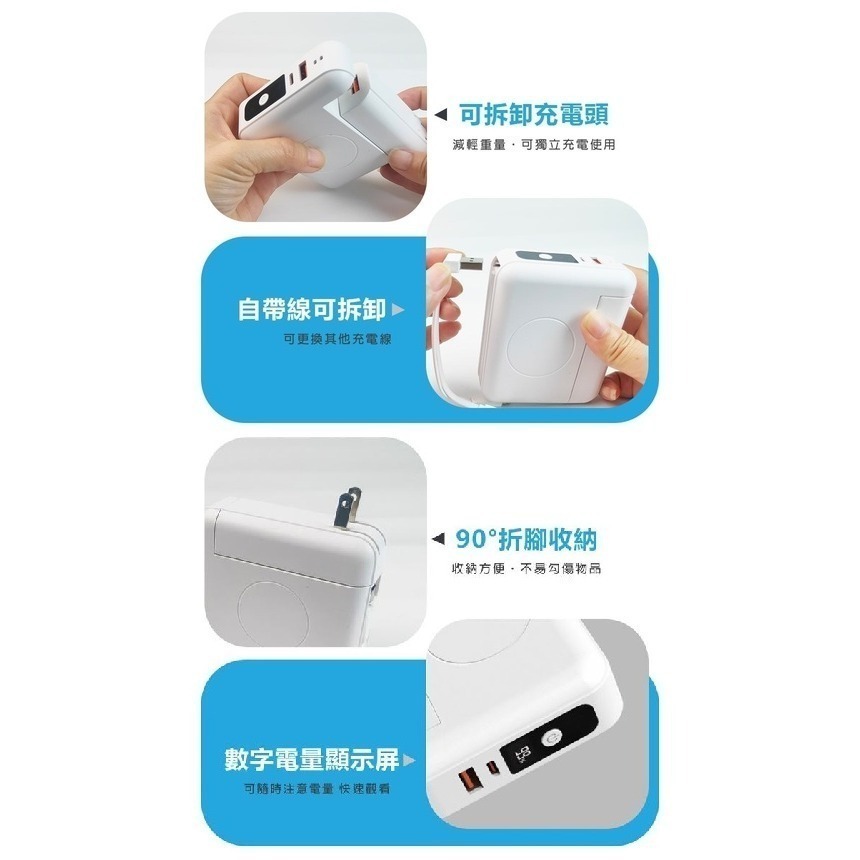 【加贈可替換充電線】MCK SPB001 自帶線 多功能 無線充電 行動電源 10000mah 充電器 白色 議會-細節圖7