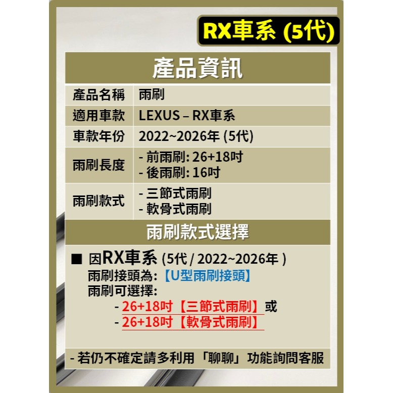 【矽膠雨刷】LEXUS RX車系 5代 2022~2026年 26+18吋 RX350 RX350h RX450h-細節圖3