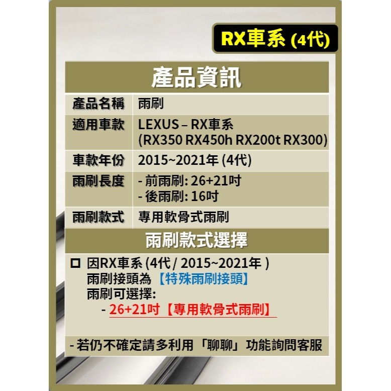 【矽膠雨刷】LEXUS RX 4代 2015~2022年 26+21吋 RX350 RX200t RX300 軟骨式-細節圖3
