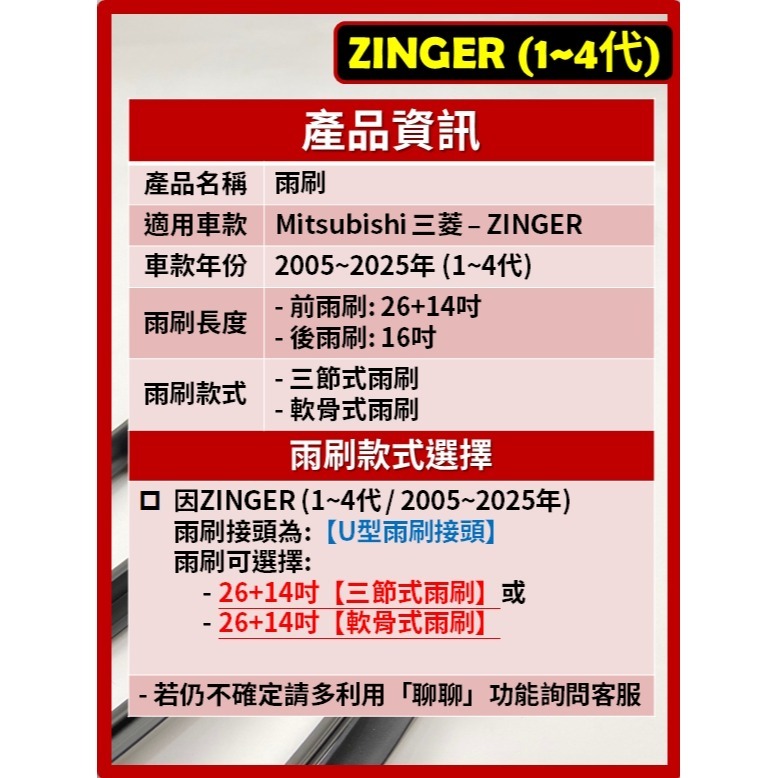 【矽膠雨刷】三菱 CMC ZINGER 1~4代 2005~2025年 26+14吋【三節式 軟骨式 可超商】-細節圖3