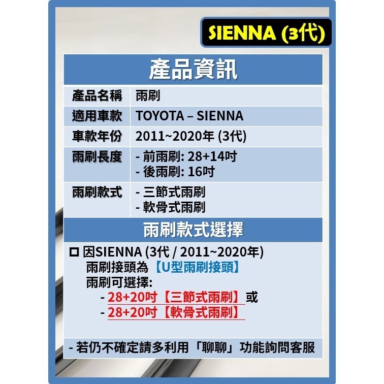 【矽膠雨刷】TOYOTA SIENNA 3代 2011~2020年 28+20吋【三節式 軟骨式雨刷】-細節圖3