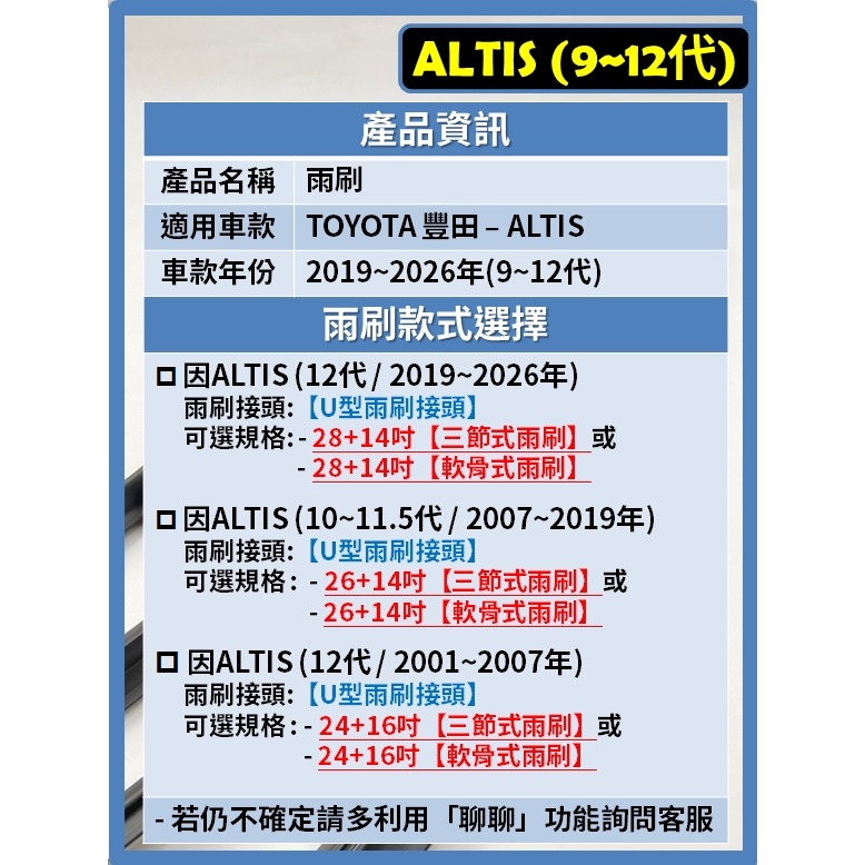 【矽膠雨刷】TOYOTA ALTIS 12代 2019~2026年 28+14吋【三節式 限賣家宅配】【軟骨式可超商】-細節圖3