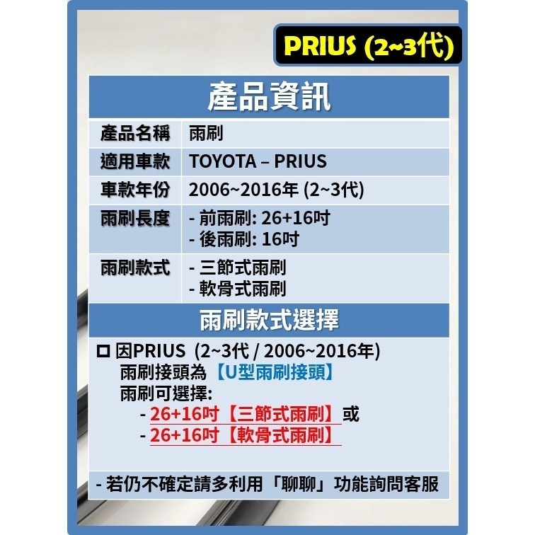 【矽膠雨刷】TOYOTA PRIUS 2~3代 2006~2016年 26+16吋【三節式  軟骨式 可超商】-細節圖3