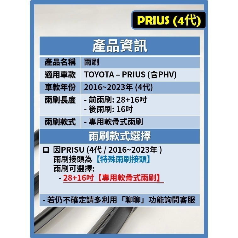 【矽膠雨刷】TOYOTA PRIUS 4代 含PHV 2016~2023年 28+16吋 專用軟骨式雨刷【可超商寄送】-細節圖3