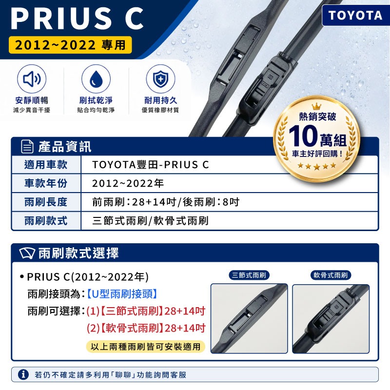 【CPF 矽膠雨刷】TOYOTA PRIUS C 2012~2022年 28+14吋 【三節式 限賣家宅配】不跳動-細節圖2