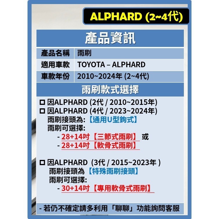 【矽膠雨刷】TOYOTA ALPHARD 2~4代 2010~2025年 28+14吋 / 30+14吋 三節 軟骨式-細節圖3
