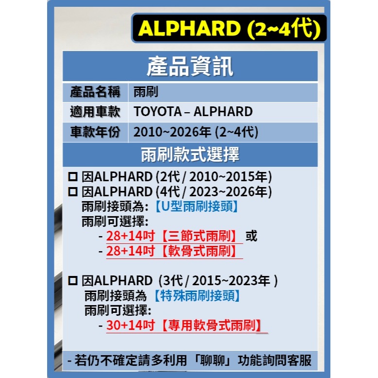 【矽膠雨刷】TOYOTA ALPHARD 2~4代 2010~2026年 28+14吋 / 30+14吋 三節 軟骨式-細節圖3