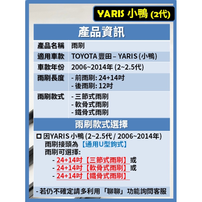 【矽膠雨刷】TOYOTA 小鴨 YARIS 2~2.5代 2006~2014年 24+14吋【三節 軟骨 鐵骨式雨刷】-細節圖3