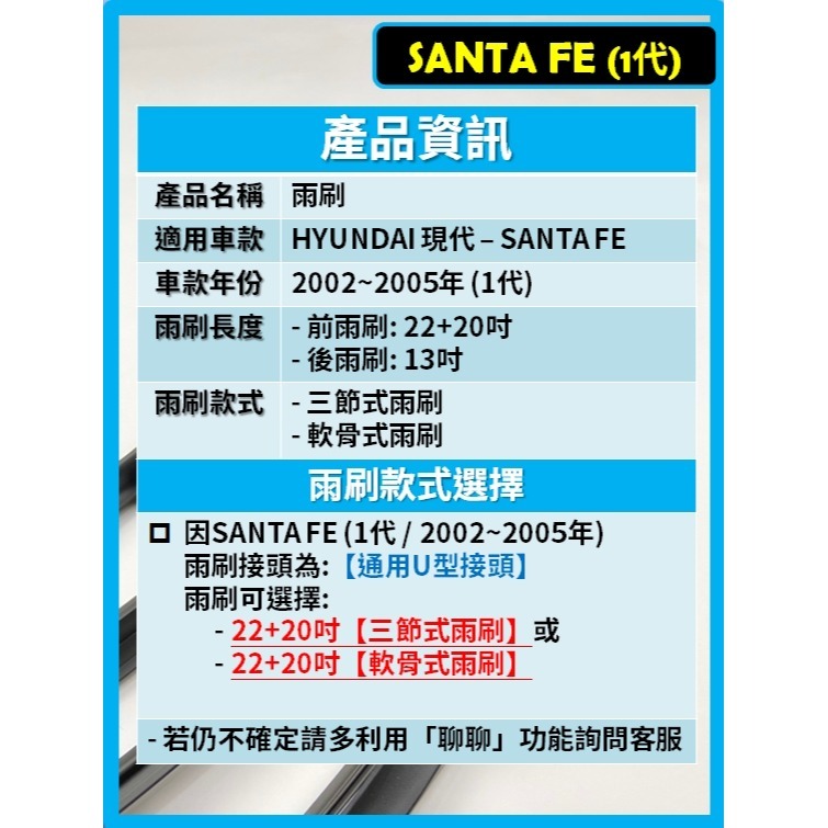 【矽膠雨刷】現代 Santa Fe ix45 山土匪 1代 2002~2005年 22+20吋【三節式 軟骨式可超商】-細節圖3