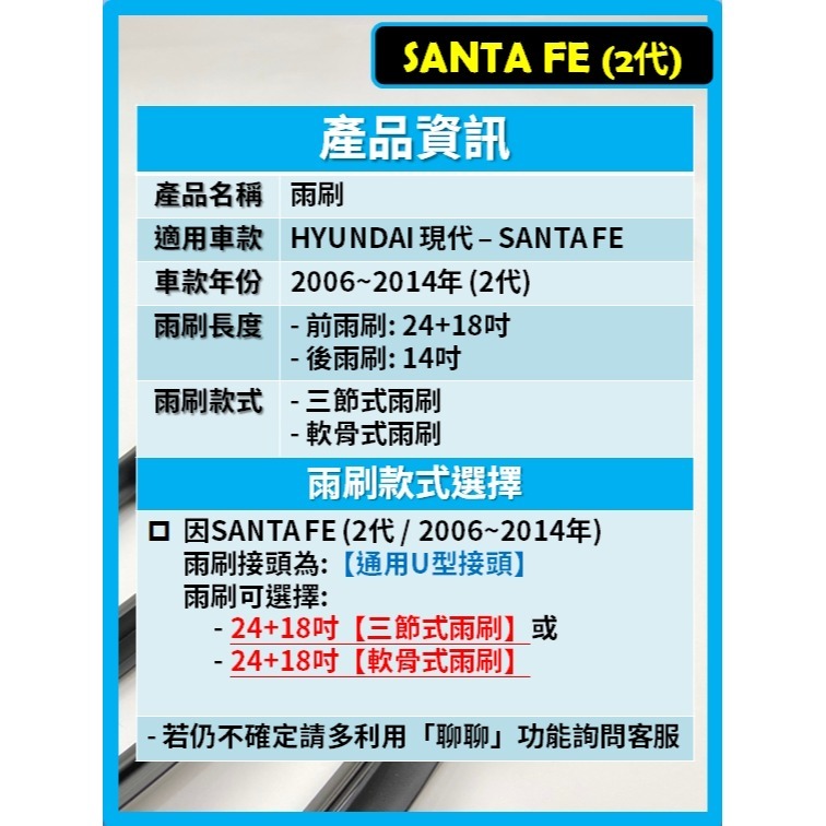 【矽膠雨刷】現代 Santa Fe ix45 山土匪 2代 2006~2014年 24+18吋【三節式 軟骨式可超商】-細節圖3